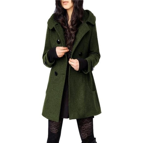 Tanming Women's Warm Double Breasted Wool Pea Coat Trench Coat Jacket with Hood